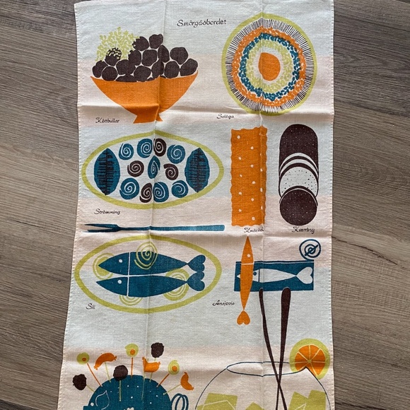 VTG 1950s 1960s Linen Dish Towel Smorgasbord Louise Fougstedt Made in Sweden - Picture 3 of 10